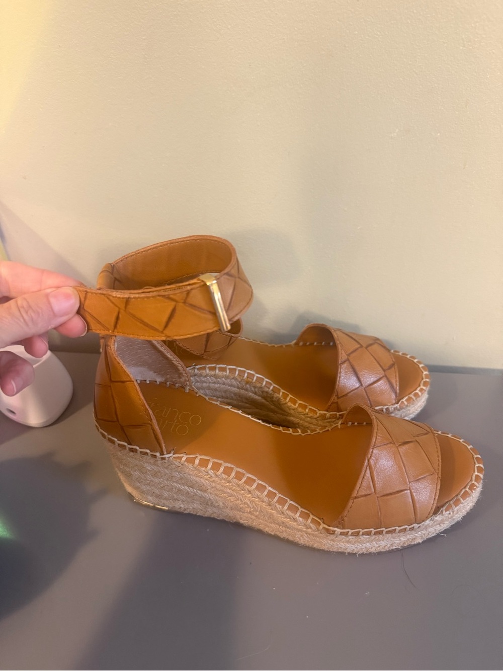 Franco Sarto Tan Woven Leather Espadrille Wedge Sandals